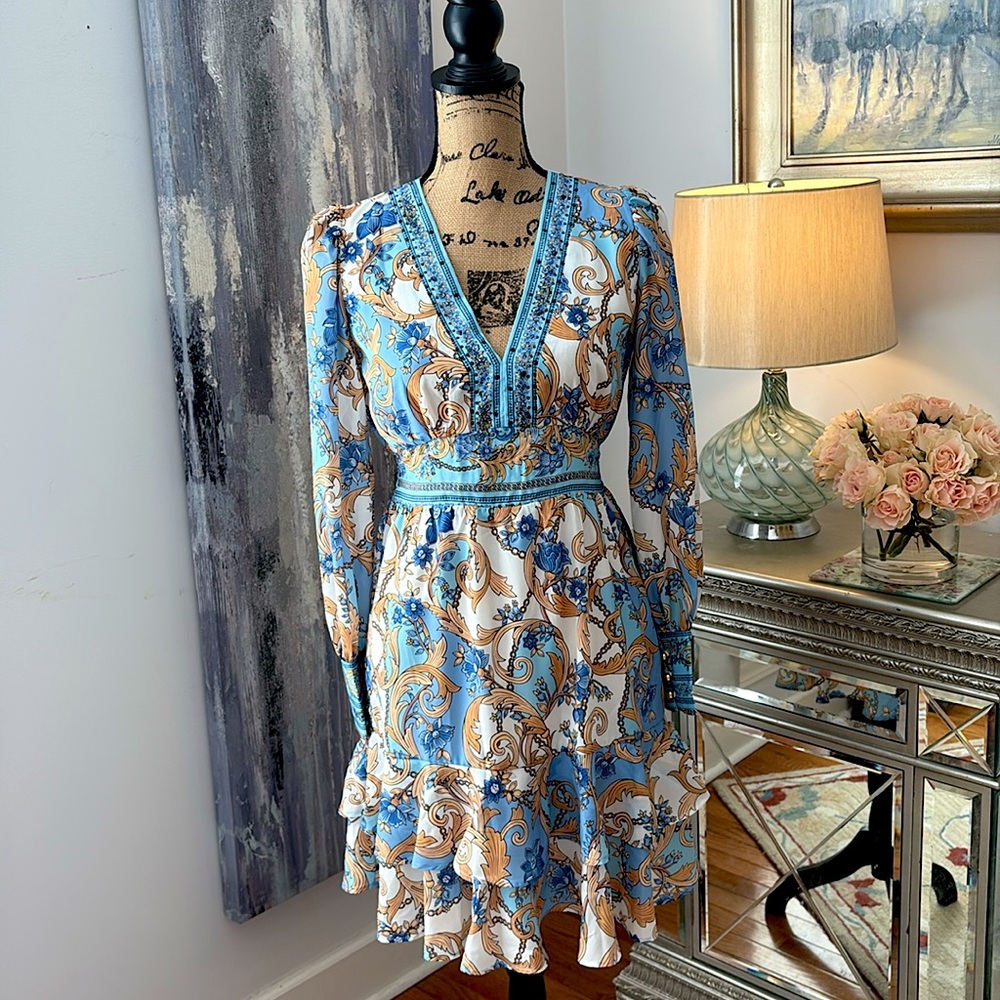 BOSTON PROPER New with tags blue white gold scarf chain print dress 0 2 XXS